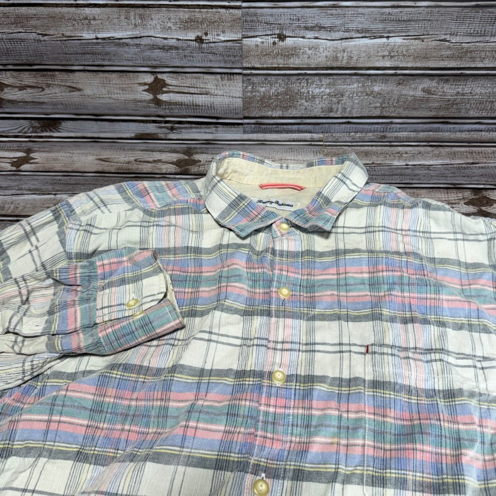 Tommy Bahama Button Down Shirt Mens XL Multicolor Plaid Corduroy Long Sleeve
